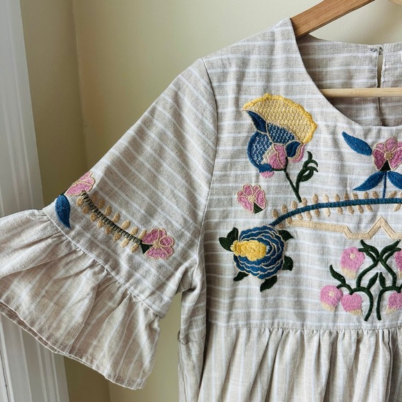 Tea N Rose Embroidered Floral Striped Babydoll Dress Tan White ID7099 Mens M - Picture 3 of 6